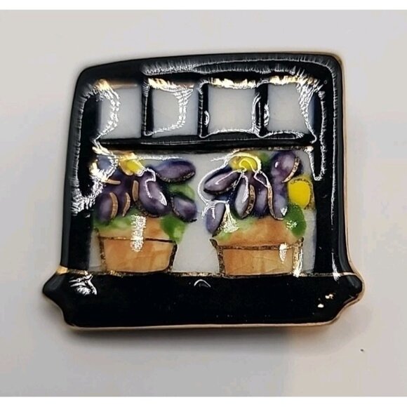 Vintage Ceramic Enamel Flower Pots On Window Sill Brooch Pin Gold Tone Accents - Picture 1 of 3